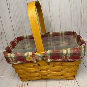 NWOT Longaberger Medium Basket with Plastic Cutlery Divider and Plaid Lining